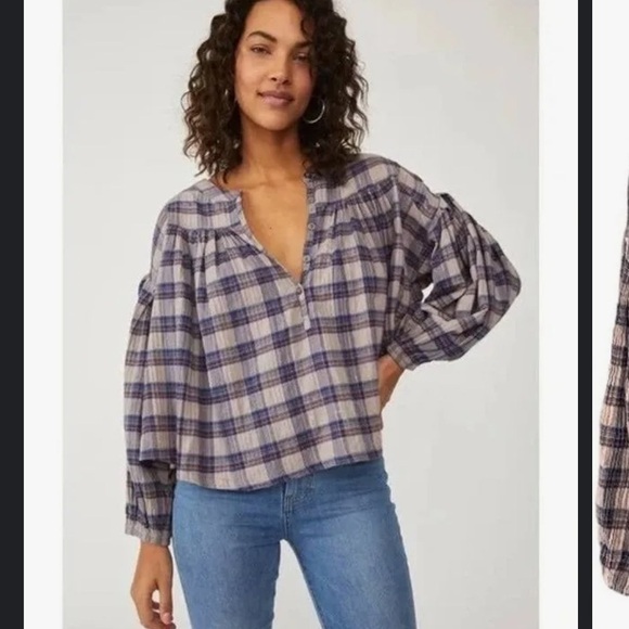 NWT Free People bubble shape plaid print top - Picture 1 of 8